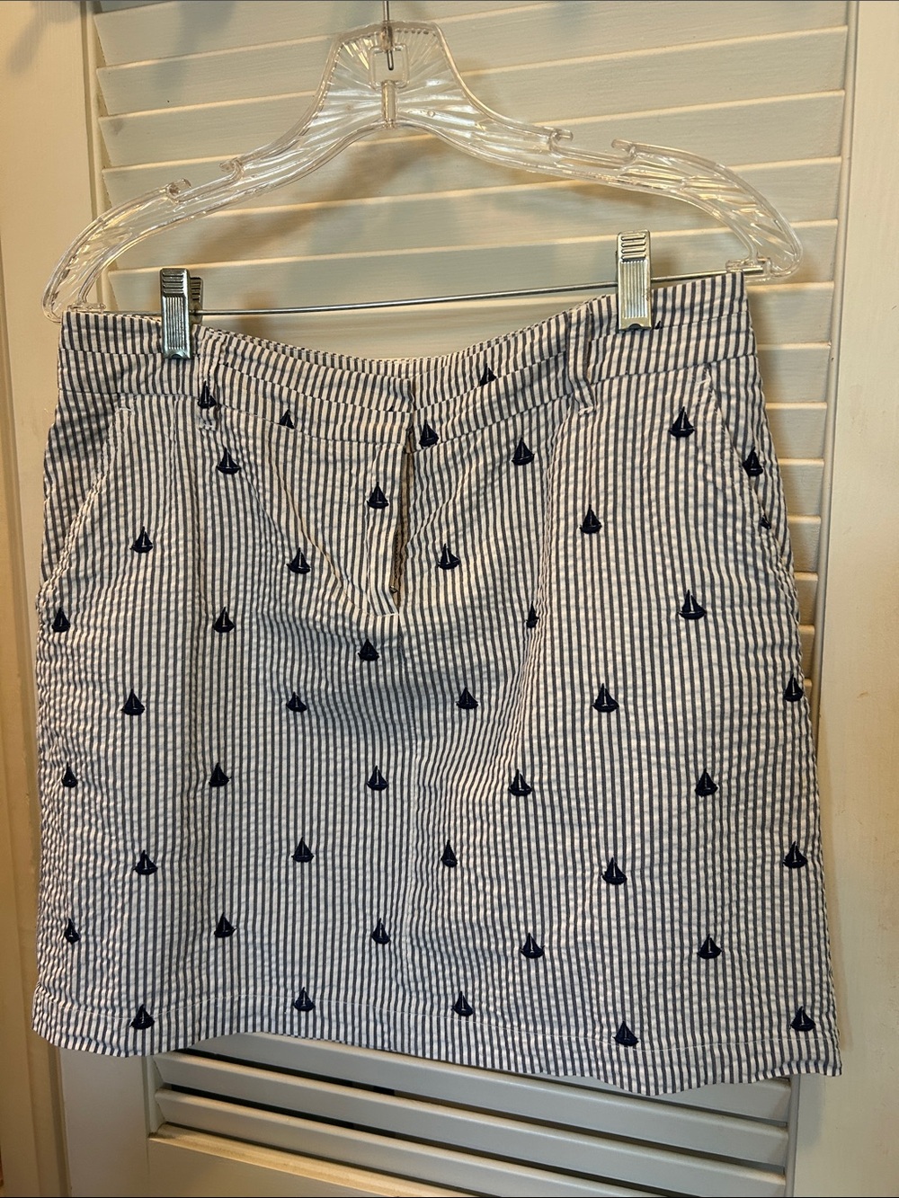 British Khaki Blue and White Striped Mini Skirt with Navy Sailboat Embroidery